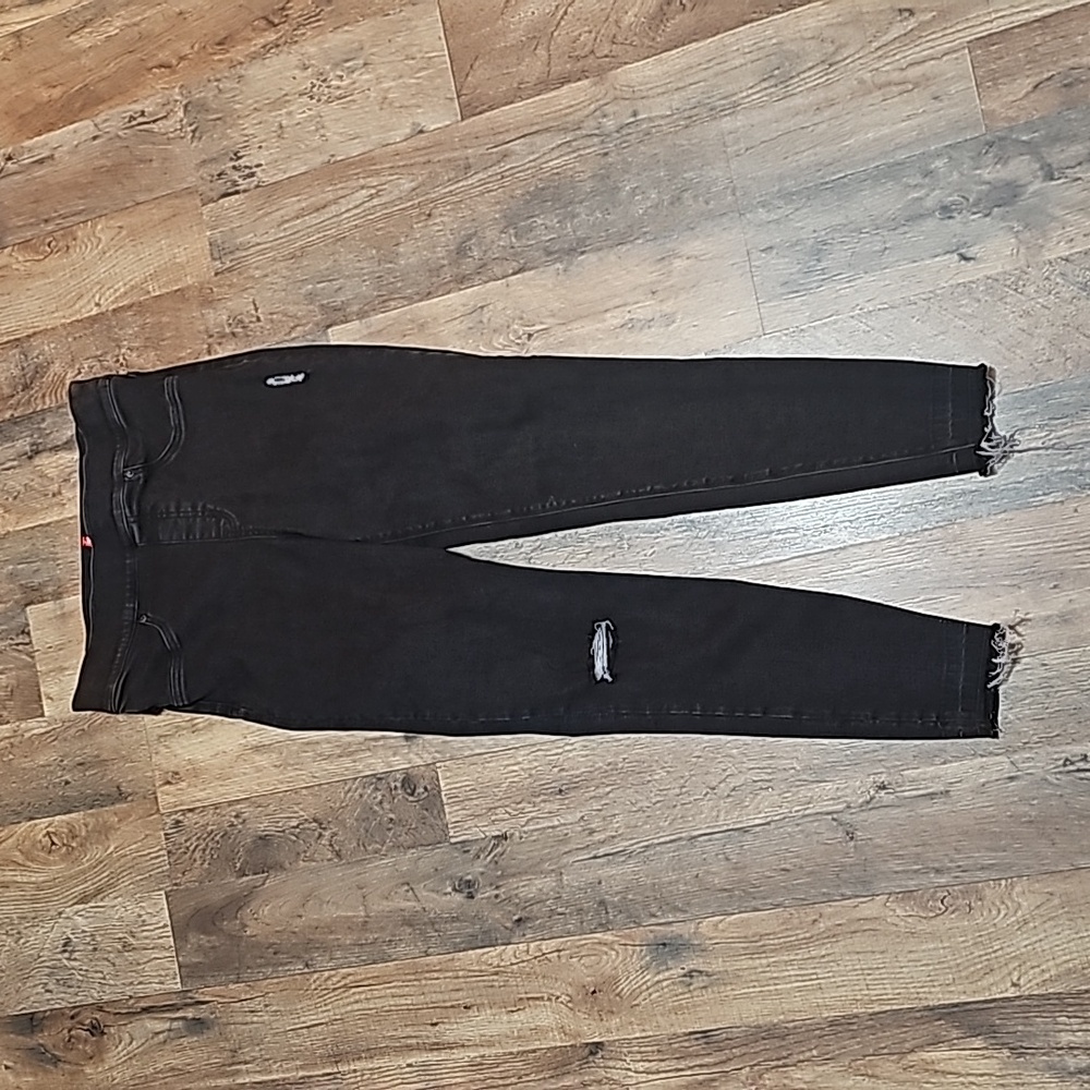 SPANX Women's M Black Stretch Denim Pull On Skinny Ankle Jeans Distressed